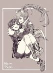  2girls absurdres animal_ears arms_around_neck bare_legs boots carrying cat_ears commentary ear_piercing english_commentary eye_contact fur-trimmed_jacket fur_trim highres ichinose_uruha ishiki_(isiki149) jacket long_hair long_sleeves looking_at_another lupinus_virtual_games monochrome multiple_girls nijisanji parted_lips piercing pleated_skirt ponytail princess_carry ratna_petit sepia short_hair shorts sideways_mouth skirt smile vspo! yuri 