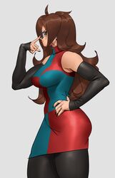  1girl android_21 bare_shoulders black_nails breasts brown_hair checkered_clothes checkered_dress closed_mouth detached_sleeves dragon_ball dragon_ball_fighterz dress finger_on_nose from_side glasses grey_background hand_on_hip long_hair looking_at_viewer multicolored_clothes multicolored_dress odino_tso sideways_glance simple_background solo 