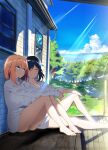  2girls ^_^ artist_request bad_link barefoot black_hair closed_eyes clouds cover grin hi-chan highres house keyyan kimi_to_shiranai_natsu_ni_naru legs multiple_girls nishimiya_haru no_pants ocean orange_hair panties road shadow sitting sky smile sunlight tree underwear window 