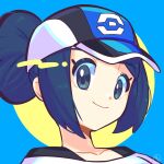  1girl baseball_cap bettie_(pokemon) black_hair blue_background blue_headwear closed_mouth commentary eyelashes grey_eyes hair_bun hat highres kamota_(momokomati) looking_at_viewer pokemon pokemon_(game) pokemon_masters_ex portrait shirt short_hair smile solo undershirt white_shirt 