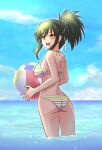 1girl ass asuka_(senran_kagura) ball beachball bikini black_hair blue_sky breasts clouds cowboy_shot day female_ass from_behind highres horizon looking_at_viewer looking_back medium_breasts multicolored_bikini multicolored_clothes ocean outdoors partially_submerged ponytail red_eyes ribbon senran_kagura sky smile soaking_feet solo striped striped_bikini swimsuit tanutaka white_ribbon