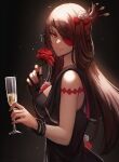  1girl anhmaruwu bangs beidou_(genshin_impact) black_background black_dress bracelet breasts brown_hair cup dress drinking_glass eyepatch flower genshin_impact glass highres jewelry long_hair looking_at_viewer medium_breasts red_eyes rose simple_background solo 