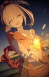  1girl bandages bangs blonde_hair blurry blurry_background chest_sarashi fireworks genshin_impact hair_between_eyes holding_fireworks japanese_clothes kimono night night_sky obi open_mouth orange_kimono ponytail sarashi sash single_bare_shoulder sky sparkler terebi_(shimizu1996) tied_hair yellow_eyes yoimiya_(genshin_impact) 