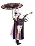  1girl absurdres black_footwear character_request closed_mouth demon_horns detached_sleeves eyebrows_visible_through_hair full_body highres holding horns long_hair original parasol shorts simple_background solo umbrella white_background yellow_eyes yoon_cook 