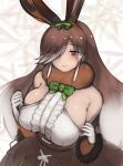  1girl alternate_breast_size animal_ears bangs bare_shoulders blush bow bowtie breasts brown_eyes brown_hair center_frills clothes_pull detached_sleeves european_hare_(kemono_friends) extra_ears eyebrows_visible_through_hair eyes_visible_through_hair frills furrowed_brow furry gloves hair_over_one_eye hands_up highres huge_breasts kemono_friends long_bangs long_hair looking_at_viewer multicolored_hair parted_bangs parted_lips pulled_by_self rabbit_ears seductive_smile shibori_kasu shirt sidelocks sketch skindentation skirt smile solo teasing two-tone_hair upper_body very_long_hair white_hair 