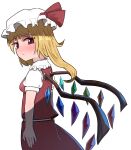  1girl ascot bangs blonde_hair blush bow closed_mouth commentary_request cowboy_shot crystal eyebrows_visible_through_hair flandre_scarlet frilled_shirt_collar frills from_behind frown hat hat_ribbon highres looking_back medium_hair mob_cap one_side_up puffy_short_sleeves puffy_sleeves red_bow red_eyes red_ribbon red_skirt red_vest ribbon shirt short_sleeves simple_background skirt solo standing topadori touhou vest white_background white_shirt wings yellow_ascot 