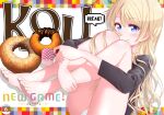  1girl 2020 bangs bare_legs barefoot blonde_hair blue_eyes checkered chuutaro_metal closed_mouth collarbone copyright_name cup doughnut eyebrows_visible_through_hair food grey_shirt hair_between_eyes hair_over_shoulder highres holding holding_cup hugging_own_legs long_hair long_sleeves new_game! panties shirt smile solo straight_hair underwear very_long_hair white_panties yagami_kou 