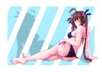  1girl ass bangs bare_legs barefoot bikini blue_bikini blue_swimsuit blush breasts brown_hair closed_mouth commission eyebrows_visible_through_hair full_body girls_frontline hair_ribbon hand_on_floor hand_on_thigh highres legs long_hair looking_at_viewer looking_to_the_side lying m14_(girls&#039;_frontline) medium_breasts on_side pixiv_request ribbon sideboob simple_background smile soles solo sugac swimsuit thighs twintails yellow_eyes 