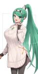  1girl alternate_costume bangs breasts chest_jewel earrings gonzarez green_eyes green_hair highres jewelry large_breasts long_hair pantyhose pneuma_(xenoblade) ponytail solo swept_bangs tiara very_long_hair xenoblade_chronicles_(series) xenoblade_chronicles_2 