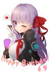  1girl absurdres bangs bb_(fate) black_jacket breasts chinese_commentary closed_mouth commentary_request cropped_torso dated eyebrows_visible_through_hair fate/grand_order fate_(series) gloves hair_ribbon happy_birthday heart highres jacket kami_otona large_breasts long_hair neck_ribbon one_eye_closed purple_hair red_ribbon ribbon shirt simple_background smile solo spoken_heart upper_body v violet_eyes white_background white_gloves white_shirt 
