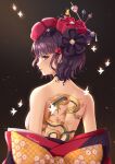  1girl absurdres back back_tattoo bangs blue_eyes blush breasts fate/grand_order fate_(series) hair_ornament highres katsushika_hokusai_(fate) large_breasts looking_at_viewer off_shoulder purple_hair ryuuneart short_hair smile tattoo 