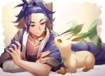  1boy adaman_(pokemon) arm_wrap blonde_hair brown_eyes closed_mouth coat collar collarbone commentary_request crossed_arms eye_contact eyebrow_cut leafeon looking_at_another lying male_focus multicolored_hair omochimochi on_stomach pokemon pokemon_(creature) pokemon_(game) pokemon_legends:_arceus purple_hair smile 
