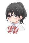  1girl akebi-chan_no_serafuku bangs black_hair blue-framed_eyewear bow bowtie closed_mouth collared_shirt cropped_shoulders diagonal-striped_bow diagonal_stripes dot_nose eyebrows_visible_through_hair glasses grey_eyes highres looking_at_viewer looking_to_the_side over-rim_eyewear ponytail portrait red_bow red_bowtie retsumaru roubai_academy_school_uniform_(new) school_uniform semi-rimless_eyewear shirt short_ponytail simple_background smile solo striped striped_bow striped_bowtie tatsumori_ai white_background white_shirt wing_collar 