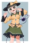  1girl :d bangs black_headwear blouse blue_background blush buttons collared_blouse diamond_button double_v eyeball eyebrows_visible_through_hair feet_out_of_frame frilled_shirt_collar frilled_skirt frilled_sleeves frills green_eyes green_skirt grey_hair hat hat_ribbon heart heart_of_string highres koishi_day komeiji_koishi long_sleeves looking_at_viewer medium_hair medium_skirt open_mouth ribbon skirt smile solo standing third_eye topadori touhou v wavy_hair white_background wide_sleeves yellow_blouse yellow_ribbon 