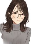  1girl bangs black-framed_eyewear brown_eyes brown_hair closed_mouth earrings glasses grey_sweater highres jewelry long_hair long_sleeves looking_at_viewer mole mole_under_mouth original saitou_(lynx-shrike) simple_background smile solo sweater turtleneck turtleneck_sweater white_background 