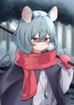  1girl alternate_costume animal_ears bangs blush coat crystal eyebrows_visible_through_hair forest garasuno gloves grey_hair highres jacket jewelry long_sleeves looking_at_viewer mouse mouse_ears mouse_girl mouse_tail nature nazrin necklace red_eyes scarf shirt short_hair solo tail touhou white_shirt winter winter_clothes 