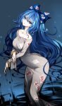  1girl blue_eyes blue_hair blue_ribbon bow breasts debt hair_between_eyes hair_bow hair_ribbon highres long_hair open_mouth raptor7 ribbon small_breasts solo touhou yorigami_shion 