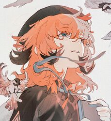  1girl bangs bird black_shirt blue_eyes book brown_hair brown_headwear commentary_request hat highres holding holding_book looking_up medium_hair multicolored_hair neck_ribbon orange_hair original orniflop portrait ribbon shirt solo sparrow white_ribbon wind 