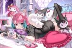  1girl animal animal_ear_fluff animal_ears animal_on_back bangs black_legwear blue_eyes blue_hair blush cat cat_ears cd cellphone closed_mouth controller copyright_request full_body game_controller heart heart_pillow highres holding holding_phone indie_virtual_youtuber looking_at_phone lying multicolored_hair no_shoes on_bed on_stomach phone pillow pink_eyes pink_hair rafilia_(vtuber) ringeko-chan smartphone solo stuffed_animal stuffed_toy the_pose thigh-highs two-tone_hair 