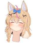  1girl :t absurdres animal_ears bangs blonde_hair blue_bow blush bow chessy closed_eyes closed_mouth eyebrows_visible_through_hair facing_viewer fox_ears grabbing_another&#039;s_chin hair_bow hair_ornament hand_on_another&#039;s_chin highres hololive long_hair multicolored_hair omaru_polka pink_hair portrait simple_background solo_focus streaked_hair virtual_youtuber white_background x_hair_ornament 