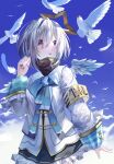  1girl absurdres amane_kanata angel_wings armband bangs bird black_skirt blue_bow blue_bowtie blue_hair blue_sky bow bowtie dove english_commentary feathered_wings feathers frilled_skirt frills fudepenbrushpen hair_over_one_eye hand_up highres hololive jacket long_sleeves looking_away multicolored_hair parted_lips pink_hair simple_background skirt sky solo streaked_hair turtleneck violet_eyes virtual_youtuber white_jacket wings 