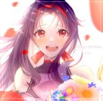  1girl :d bangs crying crying_with_eyes_open floating_hair flower hair_intakes hair_ribbon hairband happy_birthday happy_tears long_hair looking_at_viewer nina_sukinamono open_mouth petals pink_flower purple_hair red_eyes red_hairband red_ribbon ribbon shiny shiny_hair smile solo sword_art_online tears upper_body yellow_flower yuuki_(sao) 