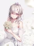  1girl absurdres bangs bare_shoulders bouquet braid breasts bridal_veil bride closed_mouth collarbone dress fang flower french_braid hair_between_eyes hair_ornament hair_over_one_eye highres holding holding_bouquet jewelry long_hair looking_at_viewer mole mole_under_eye momonoko_noko necklace nijisanji petals ring rose see-through silver_hair skin_fang smile solo strapless strapless_dress sukoya_kana tiara veil violet_eyes virtual_youtuber wedding_dress wedding_ring white_dress white_flower white_rose x_hair_ornament 