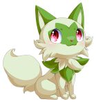  albasan26 blush closed_mouth commentary_request highres looking_up no_humans pokemon pokemon_(creature) red_eyes simple_background smile solo sprigatito watermark white_background 
