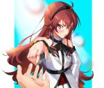  1girl absurdres ahoge bangs black_hairband blurry blurry_background blush brown_eyes closed_mouth collarbone eris_greyrat floating_hair frown hair_between_eyes hairband highres honba_misaki long_hair long_sleeves looking_at_viewer mushoku_tensei redhead shiny shiny_hair solo_focus very_long_hair 