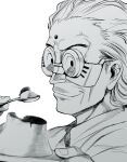  1boy battle_angel_alita collared_shirt desty_nova facial_mark food forehead_mark from_side goggles greyscale hair_behind_ear highres holding holding_plate ishiyumi monochrome plate portrait pudding science_fiction shirt smile solo white_background 
