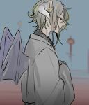  1boy asuma_kanau dragon_boy dragon_horns dragon_wings end_roll facing_to_the_side grey_hair grey_kimono highres horns japanese_clothes kantera_(end_roll) kimono looking_to_the_side male_focus multicolored_background pale_skin profile red_eyes solo wavy_hair wings 