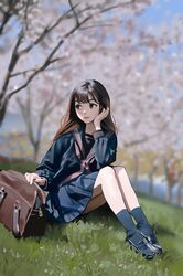  1girl bag bangs blue_legwear blue_skirt blurry blurry_background brown_eyes cherry_blossoms closed_mouth grass highres long_hair looking_to_the_side neckerchief original outdoors pleated_skirt red_neckerchief school_bag school_uniform serafuku sitting skirt solo sunako_(veera) tree 