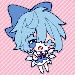  1girl :d absurdres bangs barefoot blue_bow blue_dress blue_eyes blush bow chibi cirno collared_shirt dress eyebrows_visible_through_hair full_body hair_between_eyes hair_bow hands_on_hips highres ice ice_wings light_blue_hair looking_to_the_side mangi5000 neck_ribbon one_eye_closed open_mouth pinafore_dress pink_background puffy_short_sleeves puffy_sleeves red_ribbon ribbon shirt short_dress short_hair short_sleeves smile solo standing symbol-only_commentary teeth thick_eyebrows touhou upper_teeth white_shirt wings 