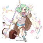  1girl bandaid bandaid_on_knee bandaid_on_leg blue_bow blue_legwear blue_shorts boots bow brown_jacket character_request closed_mouth collared_shirt commentary_request food full_body gloves green_hair hair_bow hammer hand_up holding jacket long_sleeves marshmallow miyoshino monocle official_art open_clothes open_jacket pink_bow pink_shirt plaid_sleeves ribbed_shirt shirt short_shorts shorts simple_background sleeves_past_wrists smile socks solo sugar_conflict twintails vest violet_eyes white_background white_bow white_footwear white_gloves white_vest wide_sleeves 