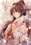  1girl alternate_costume brown_hair cherry_blossoms closed_mouth floral_print flower hair_intakes headgear highres holding holding_flower japanese_clothes kantai_collection kasumi_(skchkko) kimono long_hair looking_at_viewer obi pink_kimono ponytail red_sash sash sidelocks smile solo upper_body very_long_hair violet_eyes wide_sleeves yamato_(kancolle) 