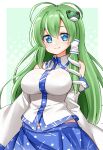  1girl antenna_hair bare_shoulders blue_eyes blue_skirt blush border breasts closed_mouth detached_sleeves frog_hair_ornament green_hair hair_between_eyes hair_ornament highres japanese_clothes kochiya_sanae large_breasts long_hair nontraditional_miko ribbon-trimmed_sleeves ribbon_trim skirt smile snake_hair_ornament solo suwa_yasai touhou upper_body white_border wide_sleeves 