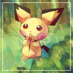  animal_focus commentary_request flower holding kuzukazura looking_at_viewer no_humans pichu pokemon pokemon_(creature) red_eyes simple_background solo tree 