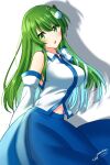  1girl arms_at_sides bangs bare_shoulders blue_nails blue_skirt blush breasts collared_shirt commentary_request detached_sleeves frog_hair_ornament green_eyes green_hair hair_ornament highres kochiya_sanae large_breasts long_hair long_sleeves looking_at_viewer mio1030 nail_polish navel nontraditional_miko open_mouth shirt sidelocks simple_background skirt snake_hair_ornament solo standing stomach touhou upper_body white_background white_shirt wide_sleeves wing_collar 