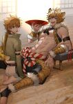  2boys abs animal_ears barefoot blonde_hair character_request commentary_request copyright_request fur_trim gloves highres kneeling large_pectorals looking_at_viewer multiple_boys navel none_(kameko227) open_mouth pectoral_cleavage pectorals smile tiger_boy tiger_ears 