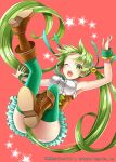  1girl armpits ass boots breasts brown_footwear copyright_name falling forehead green_eyes green_hair green_legwear hair_censor long_hair official_art one_eye_closed open_mouth red_background shinkai_no_valkyrie simple_background sleeveless solo star_(symbol) thigh-highs twintails very_long_hair yoshino35 
