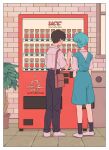  1boy 1girl ayanami_rei black_pants blue_hair can key35461 neon_genesis_evangelion pants school_uniform tokyo-3_middle_school_uniform_(evangelion) vending_machine white_footwear 