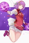 1girl asamiya_athena ass_visible_through_thighs bare_shoulders blush breasts closed_mouth detached_sleeves energy energy_ball fingerless_gloves full_body gloves hairband highres jumping long_sleeves looking_at_viewer medium_breasts okosan_(pixiv) purple_hair red_hairband short_hair shorts smile solo star_(symbol) the_king_of_fighters the_king_of_fighters_xv thigh_gap violet_eyes white_shorts 