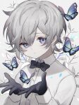  1boy black_gloves blue_eyes bow bowtie bug butterfly closed_mouth commentary_request gloves highres long_sleeves looking_at_viewer male_focus namiki_itsuki original short_hair simple_background solo white_background 