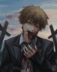  black_neckwear blonde_hair blood brown_eyes chainsaw_man coat collared_shirt denji_(chainsaw_man) flower highres long_sleeves looking_at_viewer necktie red_flower red_rose rose sharp_teeth shirt shirt_tucked_in short_hair sky solo taorotana teeth white_shirt 