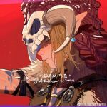  1boy akihare blue_eyes commentary english_commentary from_side highres link looking_to_the_side male_focus mask pointy_ears red_background simple_background skull_mask skull_on_head solo the_legend_of_zelda the_legend_of_zelda:_breath_of_the_wild tribal 