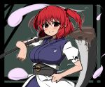  1girl bangs breasts closed_mouth eyebrows_visible_through_hair ghost hair_bobbles hair_ornament holding holding_scythe large_breasts looking_at_viewer obi onozuka_komachi red_eyes redhead sash scythe short_hair smile solo totosu touhou two_side_up upper_body 