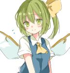  1girl ascot bangs blue_vest blush bow closed_mouth collared_shirt daiyousei dot_nose eyebrows_visible_through_hair fairy fairy_wings flying_sweatdrops green_eyes green_hair hair_between_eyes hair_bow looking_at_viewer one_side_up paragasu_(parags112) shirt short_hair short_sleeves simple_background sketch smile solo split_mouth tareme touhou upper_body vest white_background white_shirt wing_collar wings yellow_ascot yellow_bow 