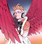  1boy blonde_hair boku_no_hero_academia closed_mouth commentary_request facial_hair feathered_wings fur_collar fur_trim hawks_(boku_no_hero_academia) highres male_focus parka red_wings short_hair smile solo spiky_hair stubble wings yococco 