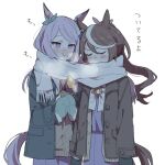  2girls :t animal_ears bangs blush bow bowtie breath brown_coat brown_hair chewing_gum closed_mouth coat cold commentary_request ear_bow food food_on_face green_coat holding holding_food horse_ears horse_girl horse_tail long_hair long_sleeves mejiro_mcqueen_(umamusume) mittens multicolored_hair multiple_girls nose_blush ponytail purple_bow purple_bowtie purple_hair purple_shirt ree_(re-19) scarf school_uniform shared_scarf shirt simple_background sound_effects streaked_hair sweet_potato tail tokai_teio_(umamusume) tracen_school_uniform translation_request umamusume violet_eyes white_background 