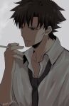  1boy black_eyes black_hair black_necktie cigarette collarbone collared_shirt commentary_request emiya_kiritsugu fate/zero fate_(series) highres long_hair male_focus mature_male mct necktie shirt smoking spiky_hair white_shirt 